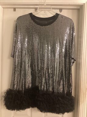 Sequin Short Sleeve  mini dress or Top with faux fur Ruffle Hem - Black